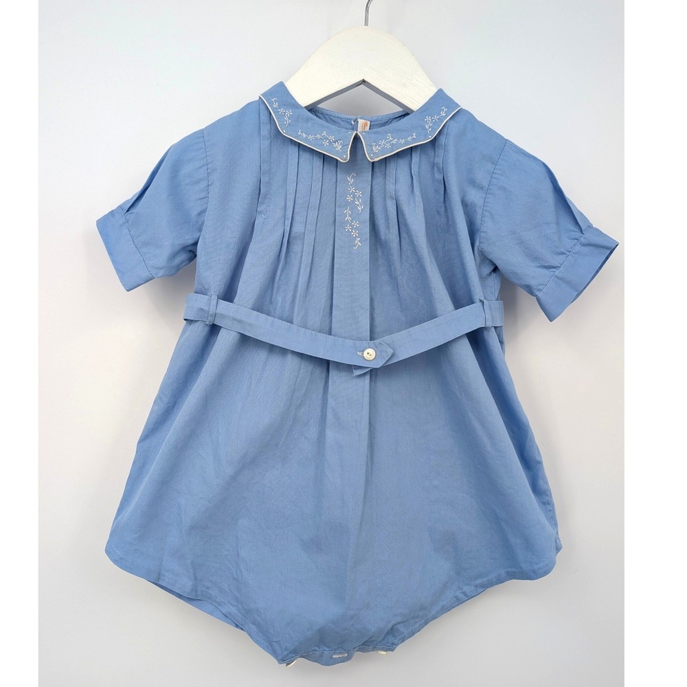 Vintage Handmade Imported Blue Baby Romper Embroidered Peter Pan Collar